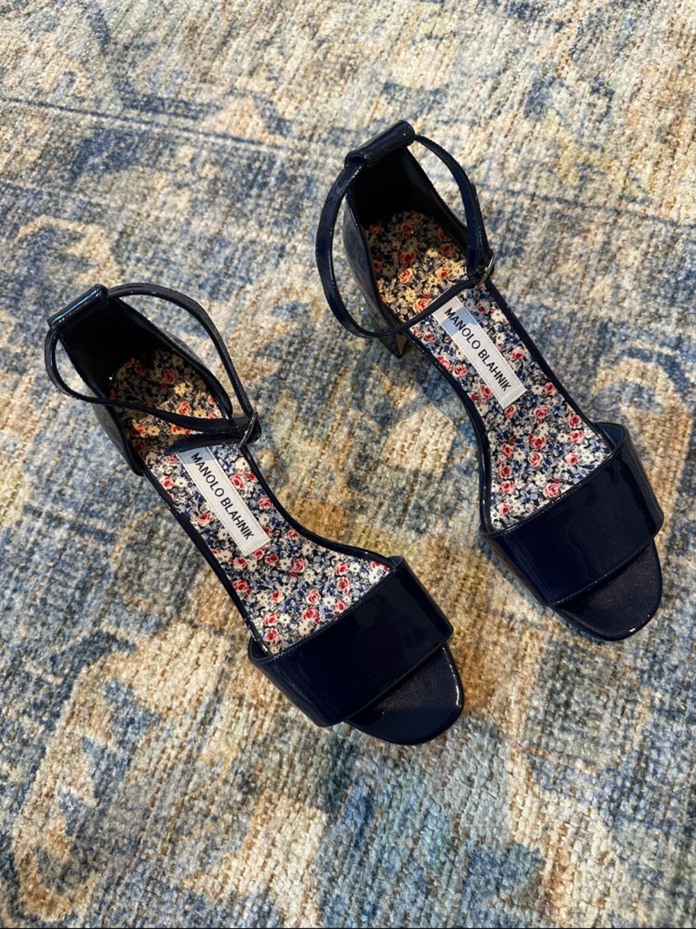Manolo Blahnik Navy Patent Ankle-Strap Sandals with Floral Insole